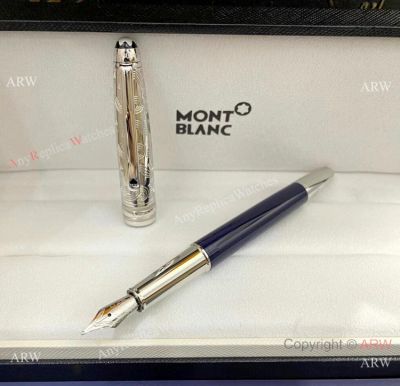 AAA Copy Mont Blanc Meisterstuck Around the World in 80 Days Doue Fountain Pen Blue&Silver Gift